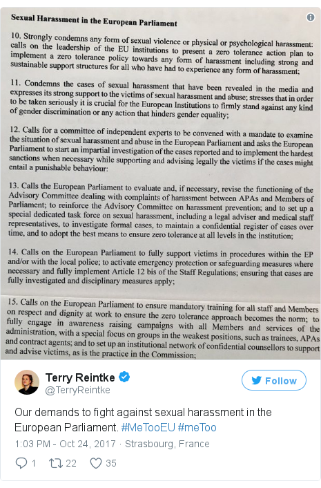 Twitter post by @TerryReintke: Our demands to fight against sexual harassment in the European Parliament. #MeTooEU #meToo 