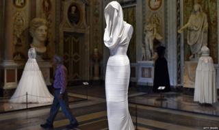 A creation by Tunisian-born, Paris-based couturier Azzedine Alaia is displayed during the press preview of the exhibition "Azzedine Alaia's soft sculpture" at the Galleria Borghese in Rome, 10 July 2015