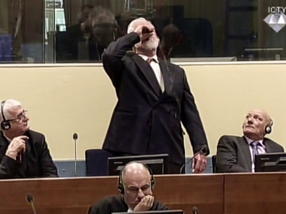 PHOTO: Former Croatian general Slobodan Praljak swallowed what is believed to be poison, during his judgement at the UN war crimes court to protest the upholding of a 20-year jail term, Nov.29, 2017.