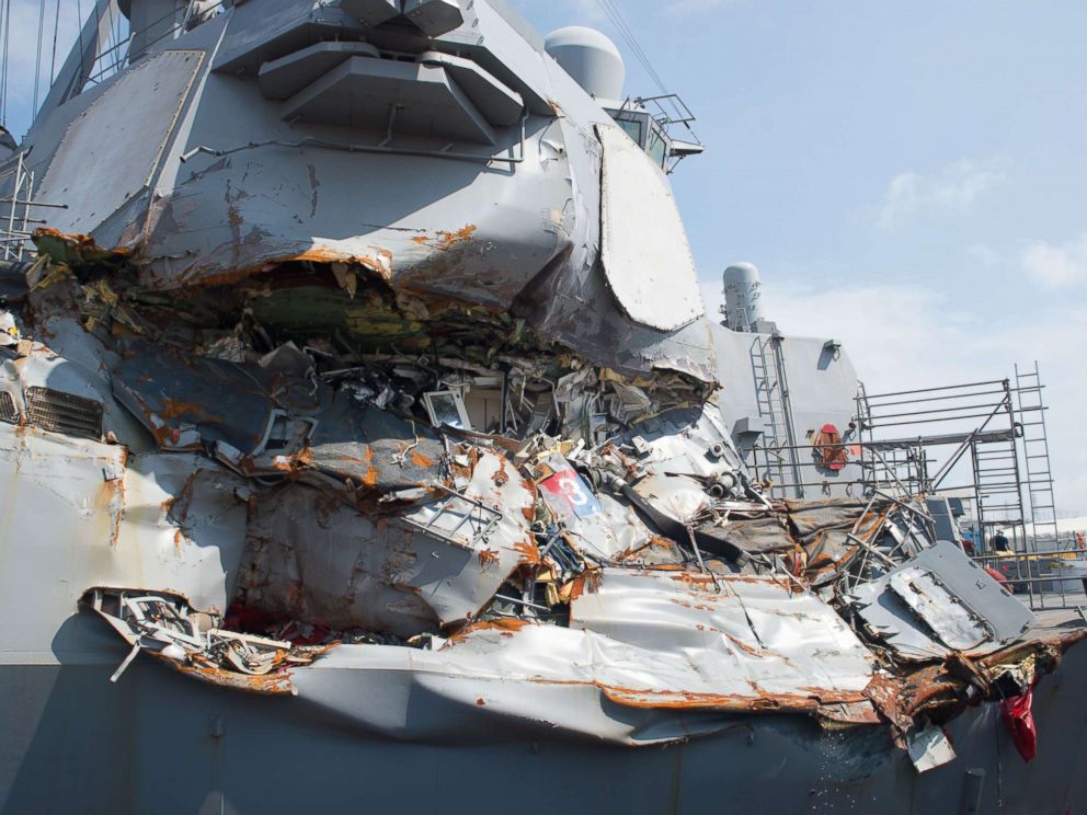 PHOTO: The USS Fitzgerald sits in Dry Dock 4 at Fleet Activities Yokosuka, Japan to continue repairs and assess damage sustained from its June 17, 2017 collision with a merchant vessel. 