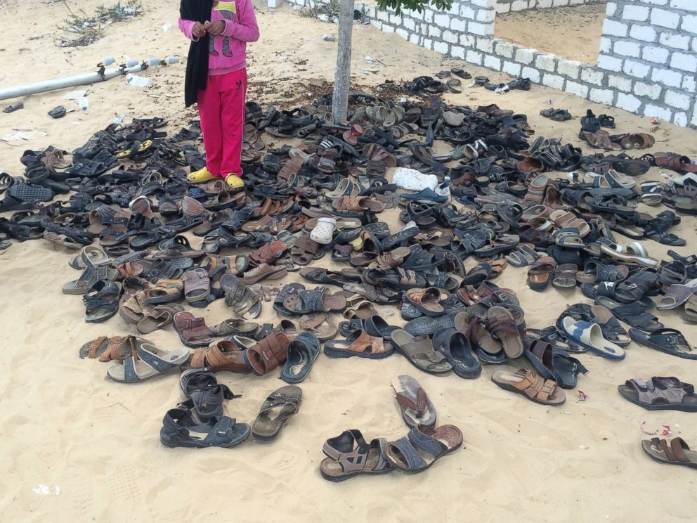 Discarded shoes of victims remain outside Al-Rawda Mosque in Bir al-Abd northern Sinai, Egypt. a day after attackers killed hundreds of worshippers, on Saturday, Nov. 25, 2017. Fridays assault was Egypts deadliest attack by Islamic extremists in th