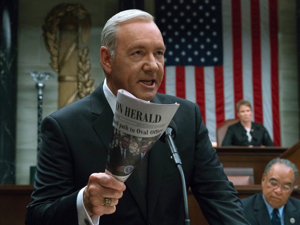 This image released by Netflix shows Kevin Spacey in a scene from House Of Cards. Netflix says its suspending production on House of Cards following harassment allegations against Spacey. (David Giesbrecht/Netflix via AP)