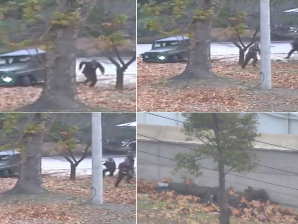 This combination of images made from Nov. 13, 2017, surveillance video released by the United Nations Command shows a North Korean soldier running from a jeep and then shot by North Korean soldiers in Panmunjom, North Korea, before collapsing across 