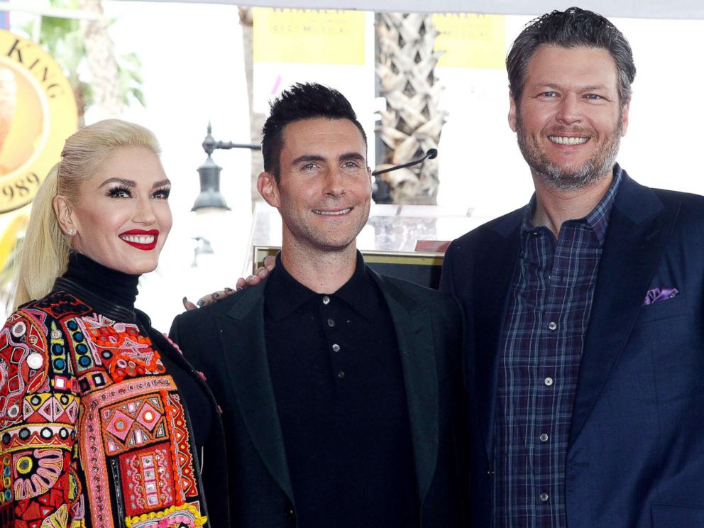 PHOTO: Gwen Stefani, Adam Levine and Blake Shelton attend a ceremony honoring Adam Levine with Star On The Hollywood Walk Of Fame on Feb. 10, 2017, in Hollywood, Calif. 