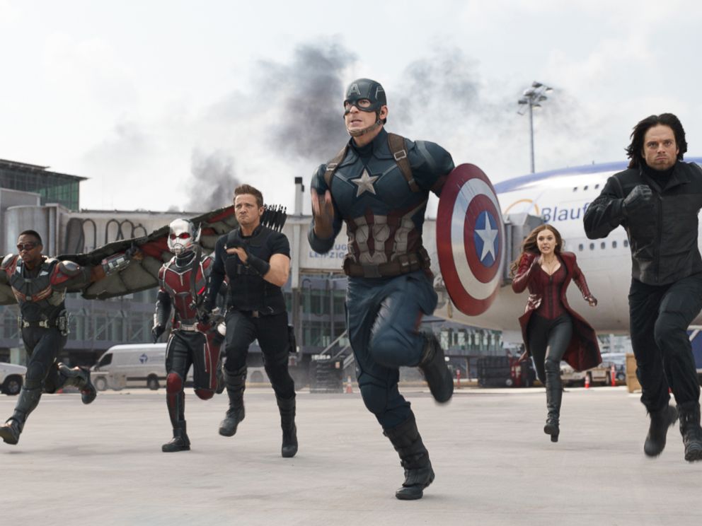 PHOTO: Anthony Mackie, from left, Paul Rudd, Jeremy Renner, Chris Evans, Elizabeth Olsen and Sebastian Stan appear in a scene from Captain America: Civil War.