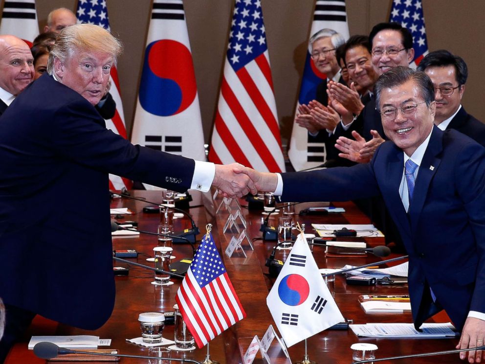 PHOTO: South Korean President Moon Jae-In shakes hands with President Donald Trump during their summit at the presidential Blue House, Nov. 7, 2017 in Seoul, South Korea.
