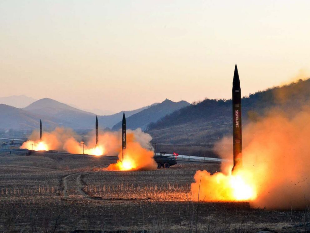 PHOTO: An undated picture released by North Koreas Korean Central News Agency on March 7, 2017 shows the launch of four ballistic missiles by the Korean Peoples Army during a military drill at an undisclosed location in North Korea.