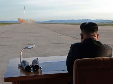 PHOTO: North Korean leader Kim Jong Un watches a launching drill of the medium-and-long range strategic ballistic rocket Hwasong-12 at an undisclosed location, in a photo released on Sept. 16, 2017 by the Korean Central News Agency.