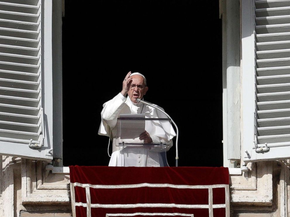 PHOTO: Pope Francis delivers a blessing during the Angelus noon prayer in St. Peters Square, at the Vatican, Nov. 26, 2017. 