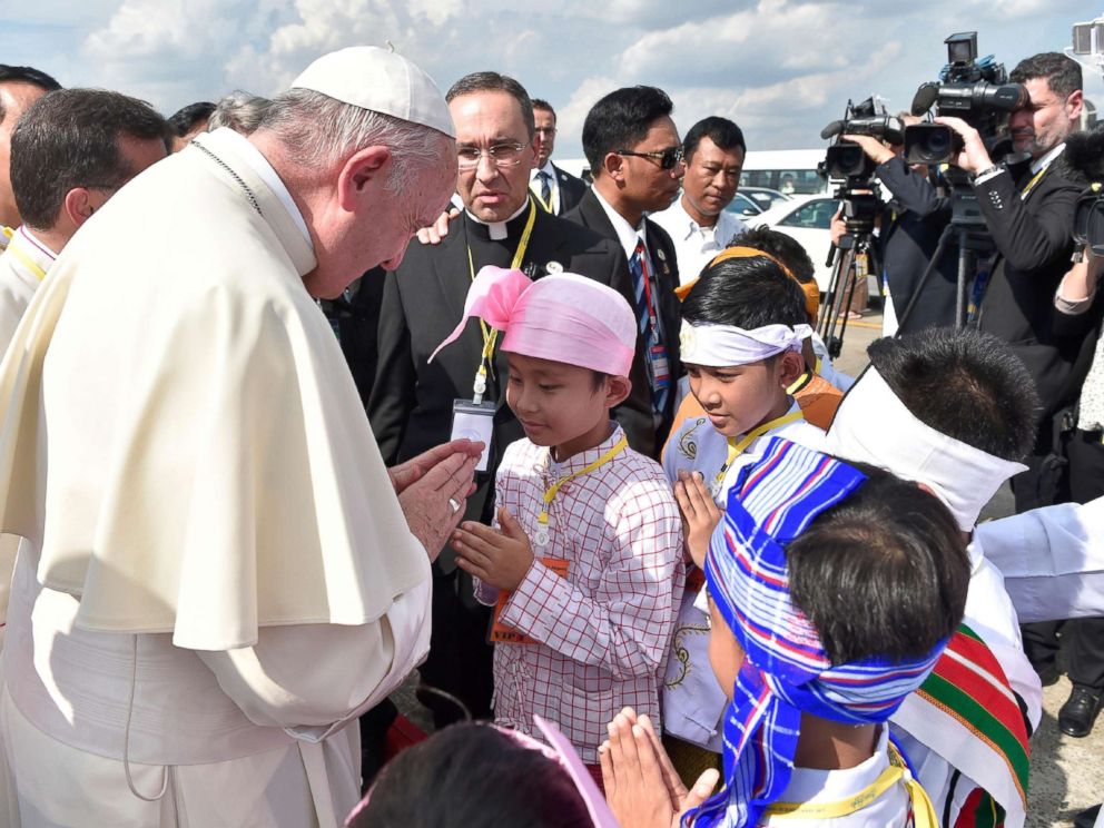 PHOTO: Pope Francis is welcomed as he arrives at Yangon International Airport in Myanmar, Nov. 27, 2017.