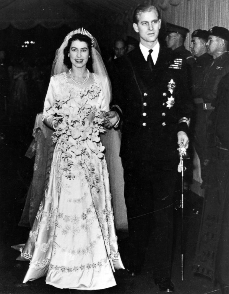 PHOTO: Queen Elizabeth II, as Princess Elizabeth, and her husband the Duke of Edinburgh, styled Prince Philip in 1957, on their wedding day. She became queen on her father King George VIs death in 1952. 