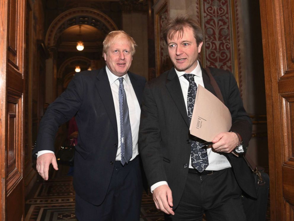 PHOTO: Britains Foreign Secretary Boris Johnson, left, walks with Richard Ratcliffe, Nov. 15, 2017, the husband of British-Iranian Nazanin Zaghari-Ratcliffe who was arrested and detained in Iran last ye