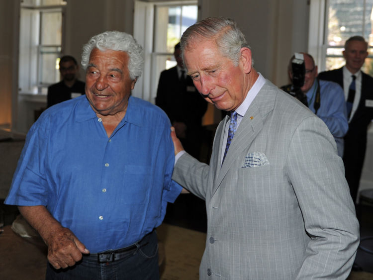 PERTH, AUSTRALIA - NOVEMBER 15: Britain's Prince Charles, Prince of Wales (R) greets renowned chef Antonio Carluccio (L) as he tours the restored historical State Buildings on November 15, 2015 in Perth, Australia. The Royal couple are on a 12-day tour visiting seven regions in New Zealand and three states and one territory in Australia. (Photo by Greg Wood - Pool /Getty Images)