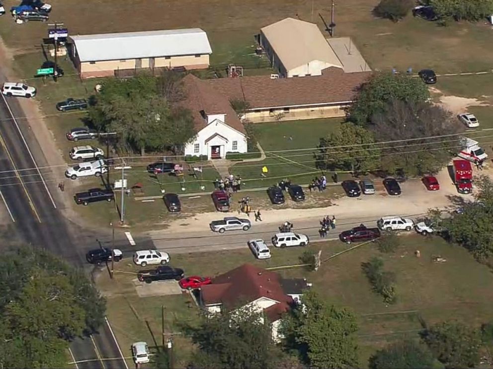 PHOTO: A grab made from aerial video shows first responders on site at First Baptist Church of Sutherland Springs in Sutherland Springs, Texas, Nov. 5, 2017 after reports of a mass shooting.