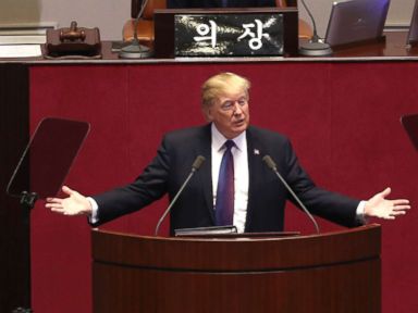 PHOTO: President Donald Trump speaks at the South Korean National Assembly, Nov. 8, 2017, in Seoul, South Korea. 