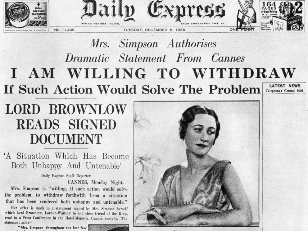 PHOTO: Wallis Simpson is pictured on the front page of the Daily Express newspaper on Dec. 8, 1936.