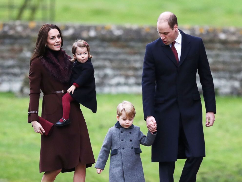 PHOTO: Britains Prince William, right, Duke of Cambridge and Catherine, Duchess of Cambridge arrive with Prince George, center, and Princess Charlotte to attend a Christmas Day service at St Marks Church in Englefield on Dec. 25, 2016. 