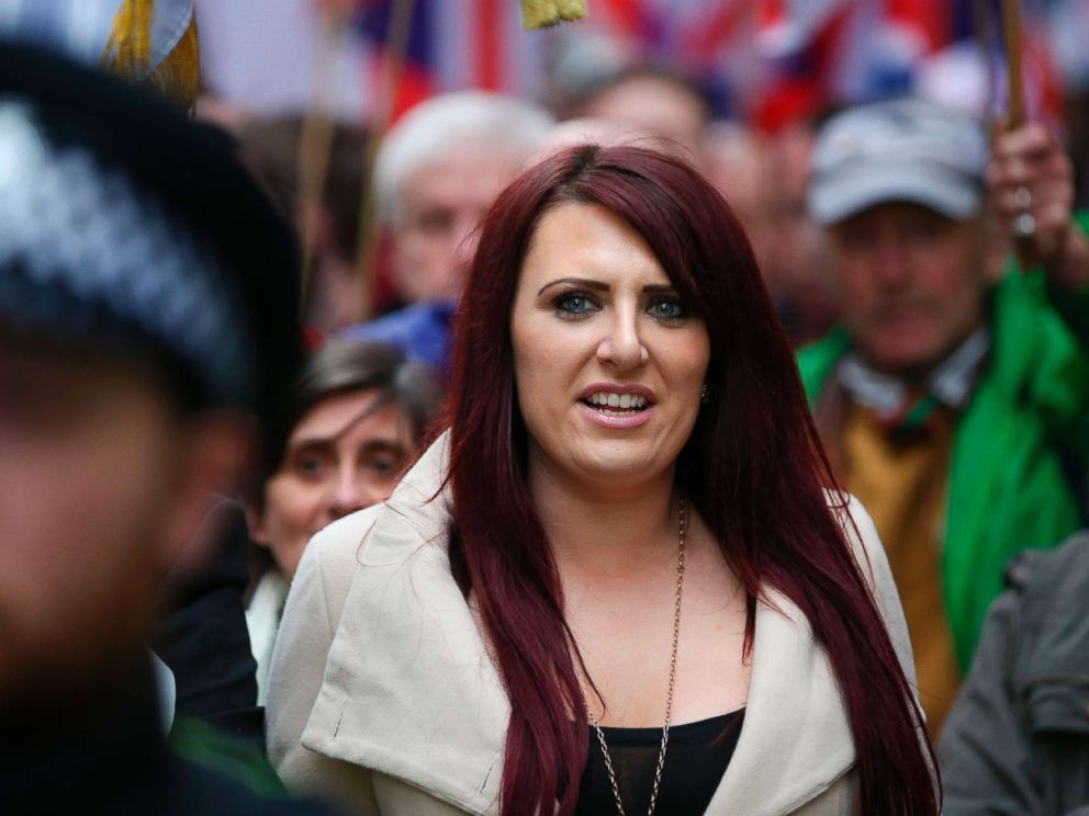 PHOTO: Jayda Fransen, acting leader of the far-right organisation Britain First marches in central London on April 1, 2017. 