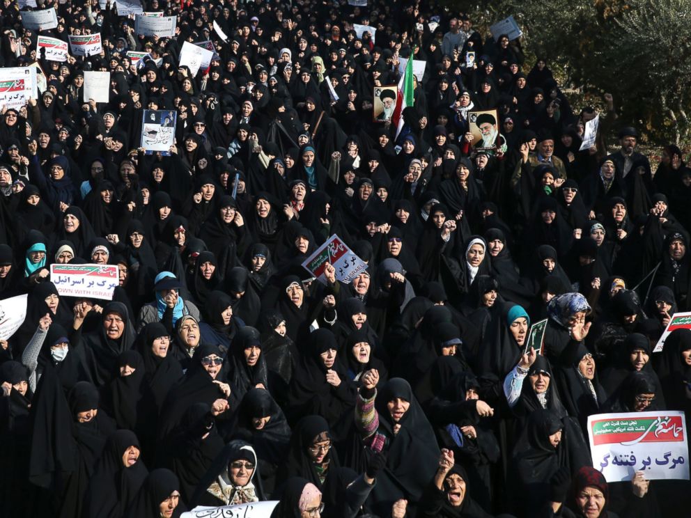 Iranian protesters chant slogans at a rally in Tehran, Iran, Saturday, Dec. 30, 2017. Iranian hard-liners rallied Saturday to support the countrys supreme leader and clerically overseen government as spontaneous protests sparked by anger over the co