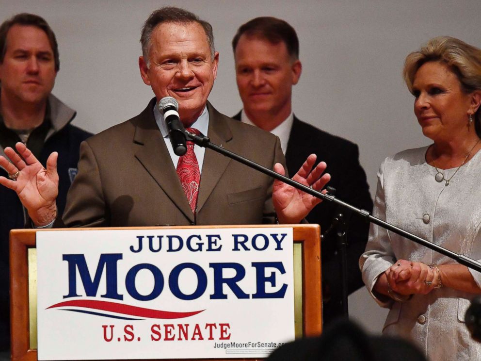 PHOTO: U.S. Senate candidate Roy Moore speaks as his wife looks son at the end of an election-night watch party at the RSA activity center, Dec. 12, 2017, in Montgomery, Ala.