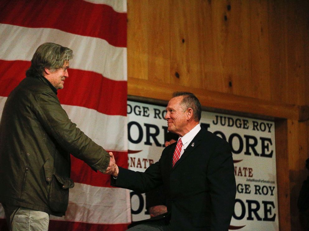 PHOTO: Steve Bannon, left, introduces U.S. senatorial candidate Roy Moore, right, during a campaign rally, Tuesday, Dec. 5, 2017, in Fairhope, Ala.
