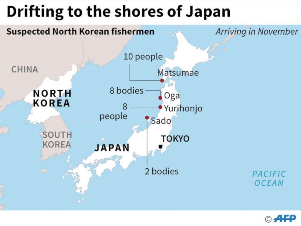 PHOTO: Map showing where North Korean sailors and deceased suspected North Koreans have drifted to Japan in November 2017. 