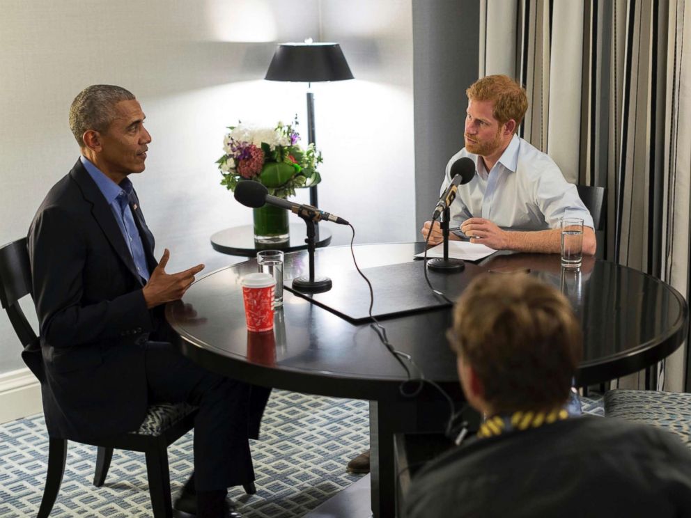 PHOTO: In this undated photo issued on Sunday Dec. 17, 2017 by Kensington Palace courtesy of the Obama Foundation, Britains Prince Harry, right, interviews former U.S. President Barack Obama to be broadcast, Dec. 27, 2017.