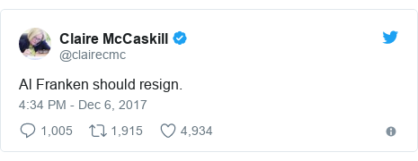 Twitter post by @clairecmc: Al Franken should resign.