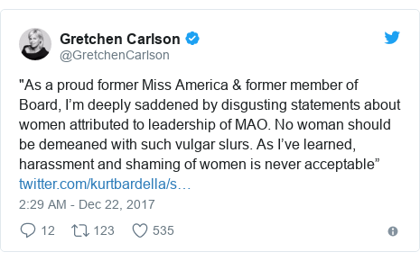 Twitter post by @GretchenCarlson: "As a proud former Miss America & former member of Board, I’m deeply saddened  by disgusting statements about women attributed to leadership of MAO. No woman should be demeaned with such vulgar slurs. As I’ve learned, harassment and shaming of women is never acceptable” 