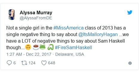 Twitter post by @AlyssaFromDE: Not a single girl in the #MissAmerica class of 2013 has a single negative thing to say about @ItsMalloryHagan ...we have a LOT of negative things to say about Sam Haskell though...?   ☕️?   ? #FireSamHaskell