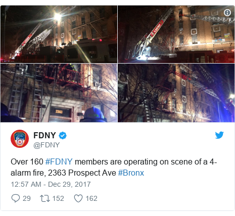 Twitter post by @FDNY: Over 160 #FDNY members are operating on scene of a 4-alarm fire, 2363 Prospect Ave #Bronx 