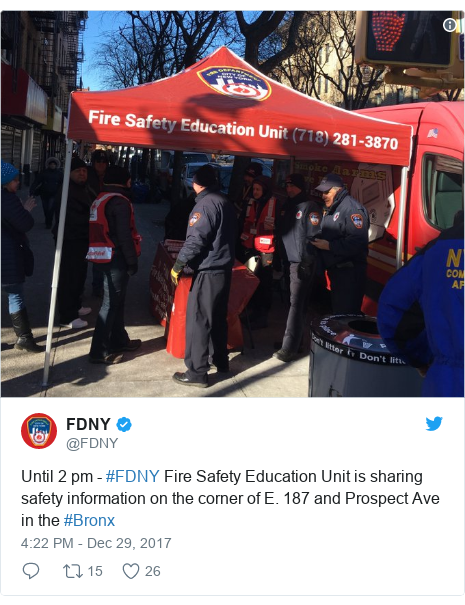Twitter post by @FDNY: Until 2 pm - #FDNY Fire Safety Education Unit is sharing safety information on the corner of E. 187 and Prospect Ave in the #Bronx 