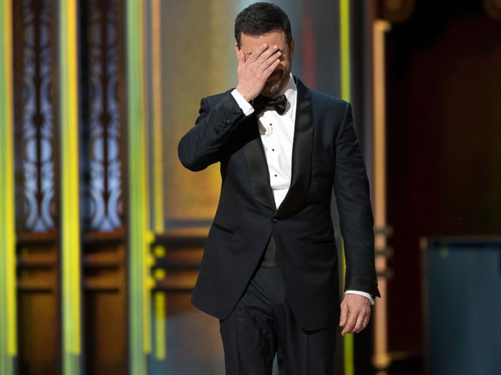 PHOTO: Host Jimmy Kimmel reacts to the news that the wrong movie had been announced as winner of the Best Picture award during the 89th Annual Academy Awards, Feb. 26, 2017, in Los Angeles.