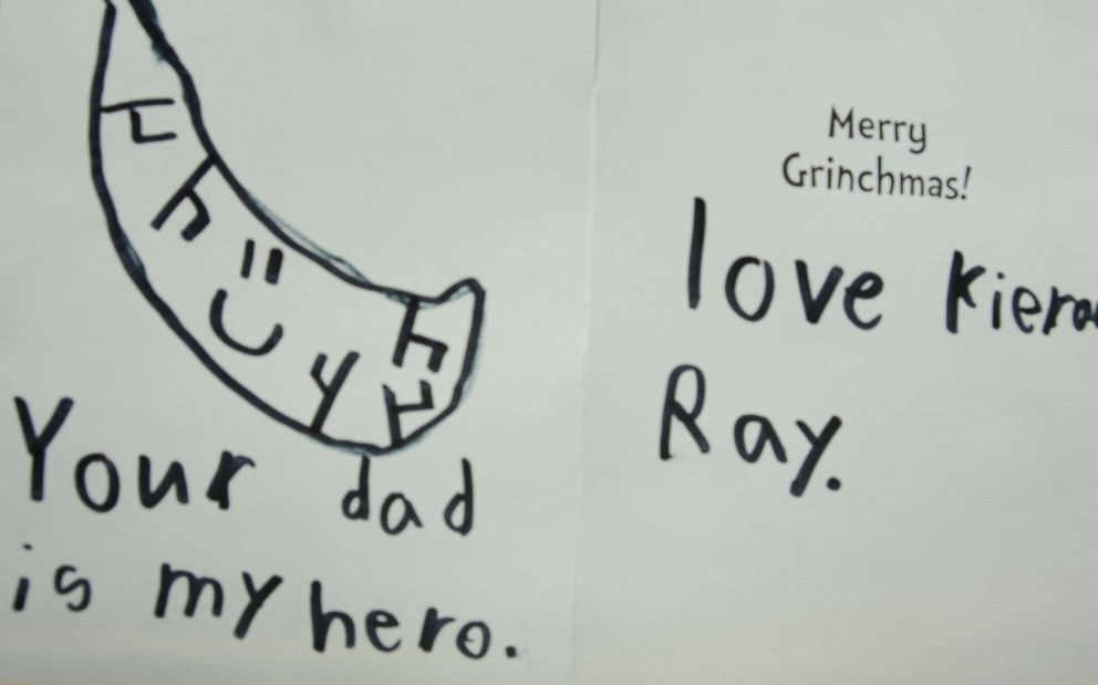 Kieran Ray made a Christmas card for the children of his moms liver donor. He drew a picture of a liver with a smiley face and wrote, Your dad is my hero.