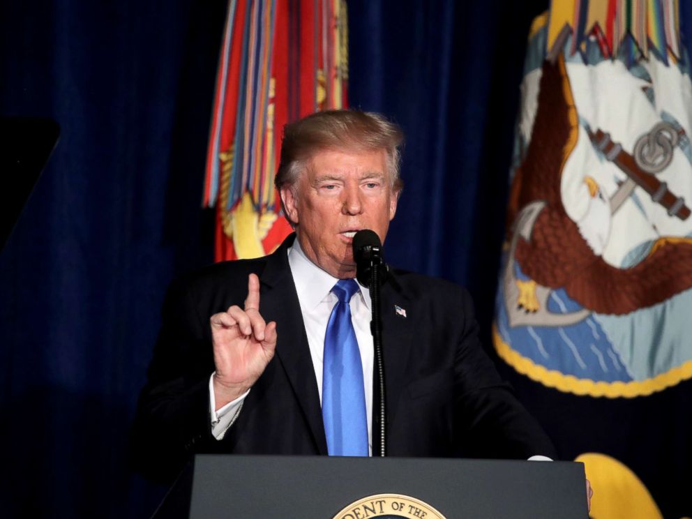 PHOTO: President Donald Trump speaks at Fort Myer in Arlington Va., Aug. 21, 2017.