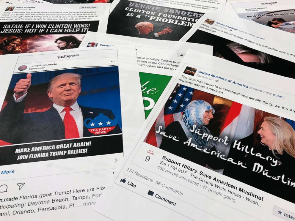PHOTO: Facebook and Instagram ads linked to a Russian effort to disrupt the American political process and stir up tensions around divisive social issues, released by members of the U.S. House Intelligence committee, in Washington, Nov. 1, 2017.