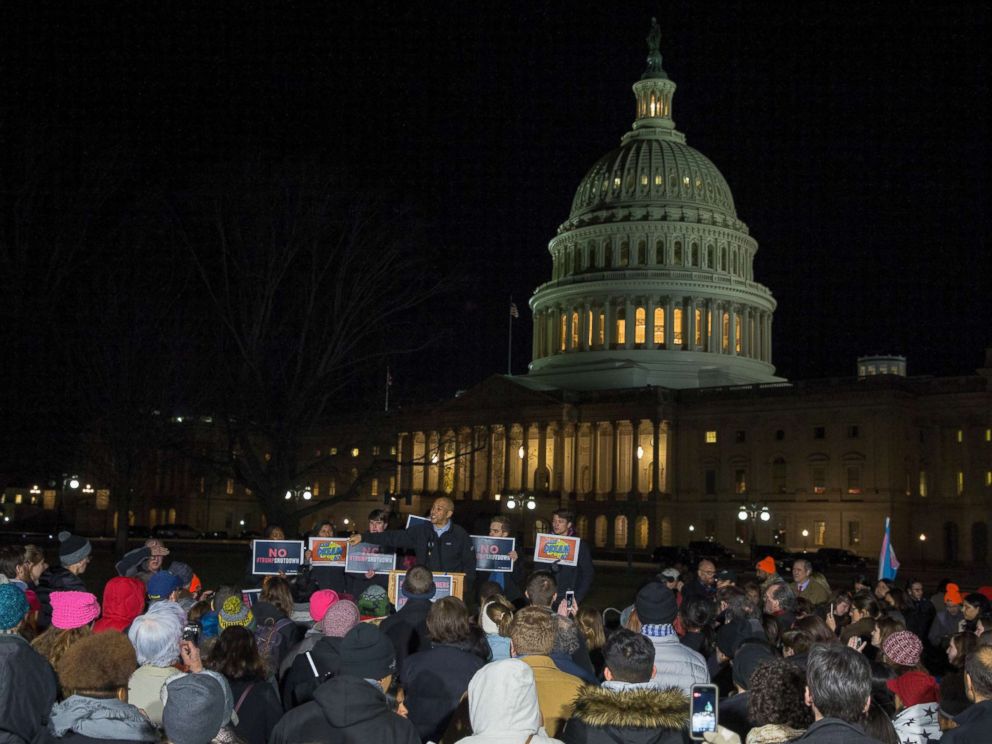 Senator Cory Booker (D-NJ) speaks at a rally outside the US Capital on January 19, 2018 in Washington, DC. A continuing resolution to fund the government has passed the House of Representatives but faces a stiff challenge in the Senate.