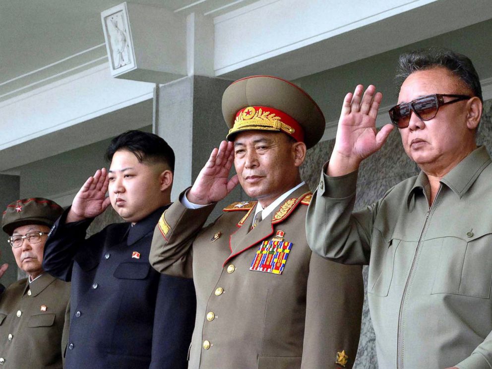 PHOTO: North Korean leader Kim Jong-il , right, and his son Kim Jong Un (3rd R) salute as they watch soldiers attending a military parade in the Kim Il Sung square in Pyongyang, Sept. 9, 2011.