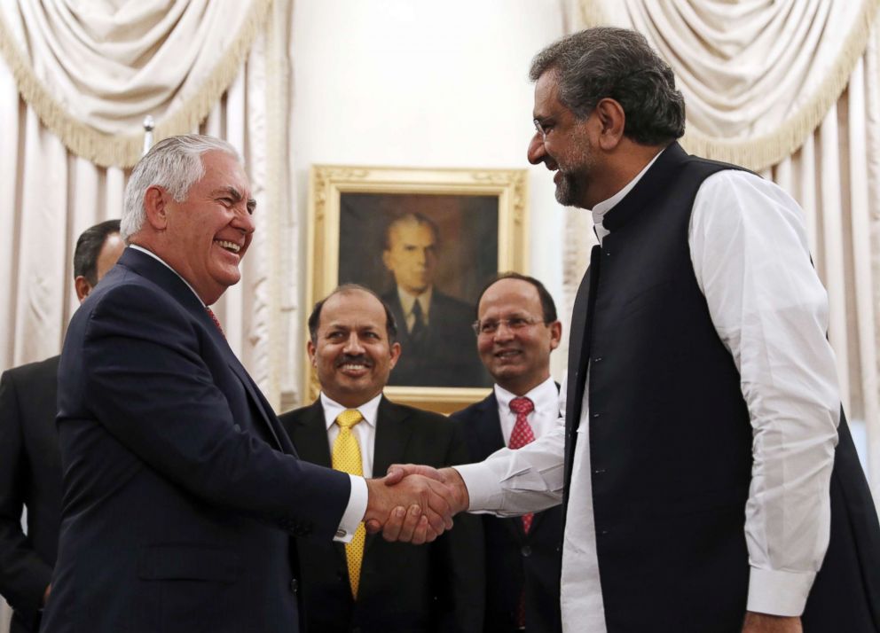 PHOTO: Secretary of State Rex Tillerson shakes hands with Pakistani Prime Minister Shahid Khan Abbasi before their meeting at the Prime Ministers residence in Islamabad, Oct. 24, 2017.