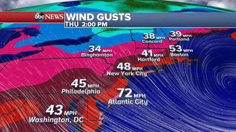 PHOTO: Wind gusts will be 40 to 60 mph as the storm moves up the northeast coast on Jan. 4, 2018.