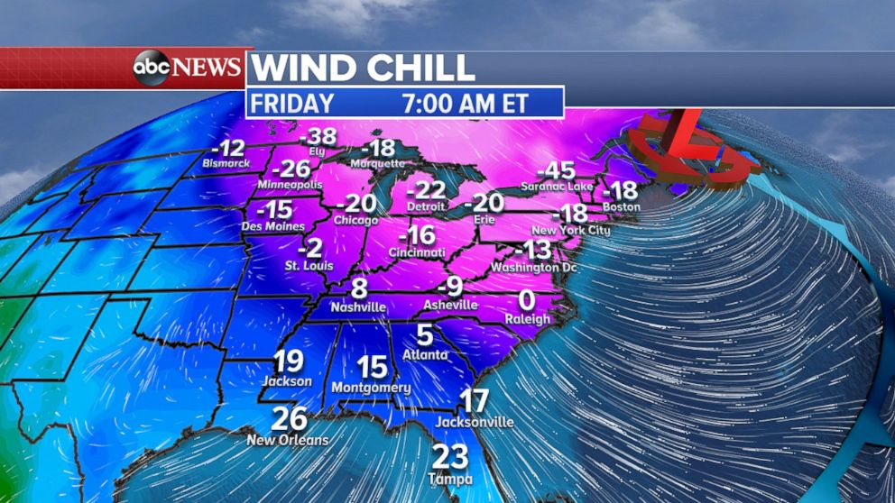 PHOTO: Weather map showing the forecast for Friday morning wind chill temperatures on the east coast of the U.S., Jan. 4, 2018.