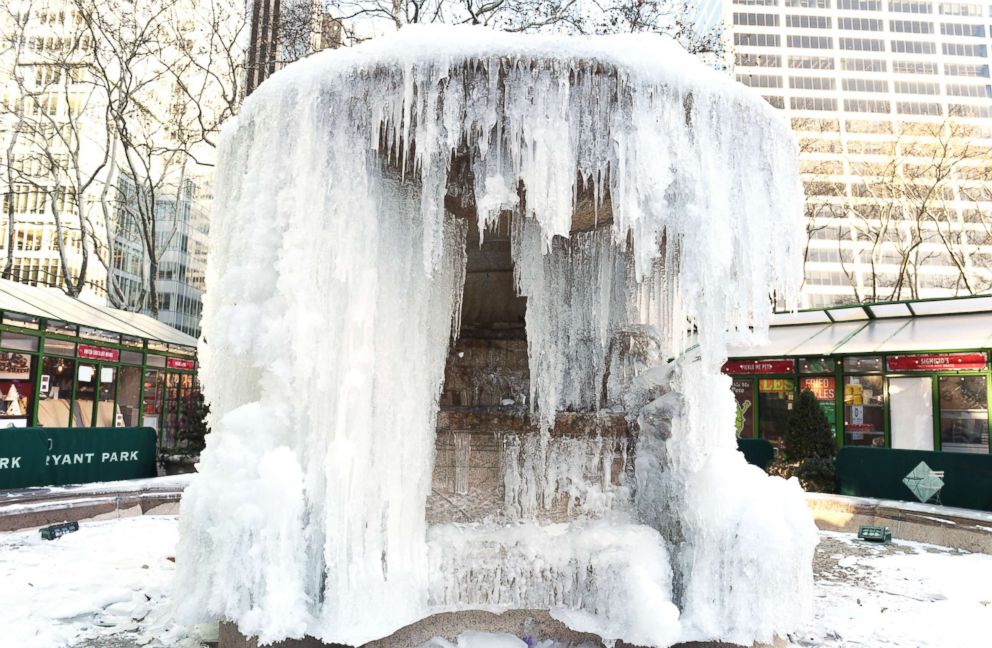 PHOTO: The frozen Josephine Shaw Lowell Memorial Fountain located at Bryant Park in New York is captured on Jan. 2, 2018.
