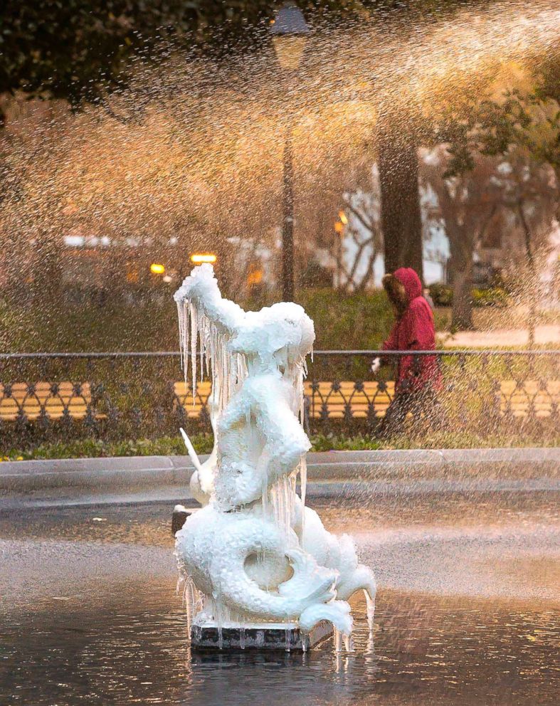 PHOTO: Icicles form on the tritons in the Forsyth Park Fountain on Jan. 2, 2018, in Savannah, Ga.
