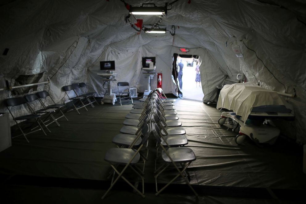PHOTO: A triage surge tent is seen outside Loma Linda University Health Center for patients infected with an influenza A strain known as H3N2, in Loma Linda, Calif., Jan. 17, 2018. 
