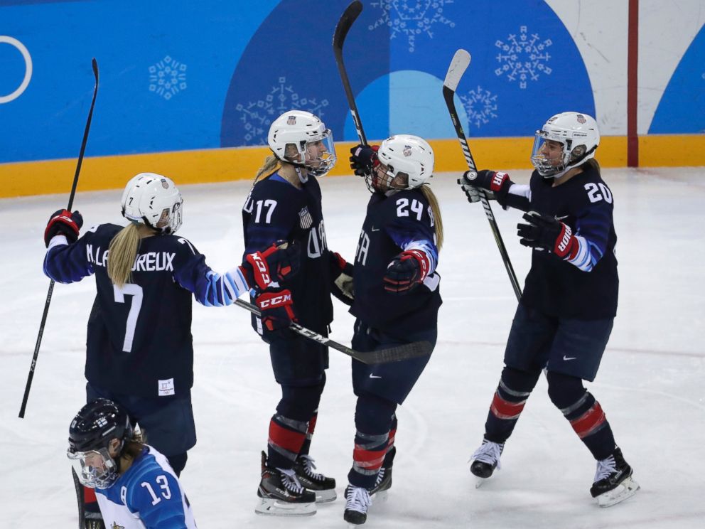 Jocelyne Lamoureux-Davidson (17), of the United States, celebrates with her teammates after scoring a goal against Finland during the second period of the semifinal round of the womens hockey game at the 2018 Winter Olympics in Gangneung, South Kore