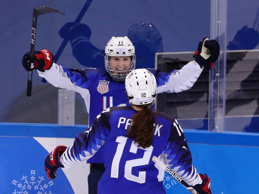 Jocelyne Lamoureux-Davidson (17), of the United States, celebrates her second goal against the team from Russia with Kelly Pannek (12) during the second period of the preliminary round of the womens hockey game at the 2018 Winter Olympics in Gangneu