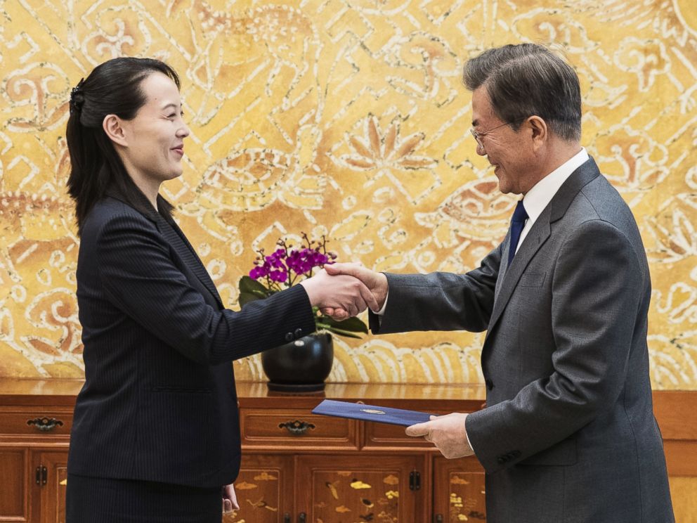 South Korean President Moon Jae-in, right, shakes hands with Kim Yo Jong, North Korean leader Kim Jong Uns sister, after receiving a letter at the presidential house in Seoul, South Korea, Saturday, Feb. 10, 2018. 