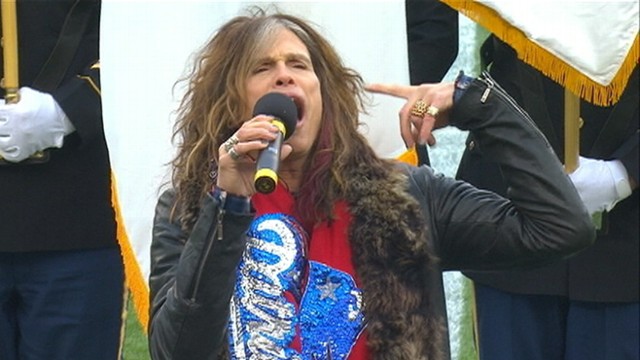 VIDEO: Aerosmith singer causes a stir with his performance before Patriots game.