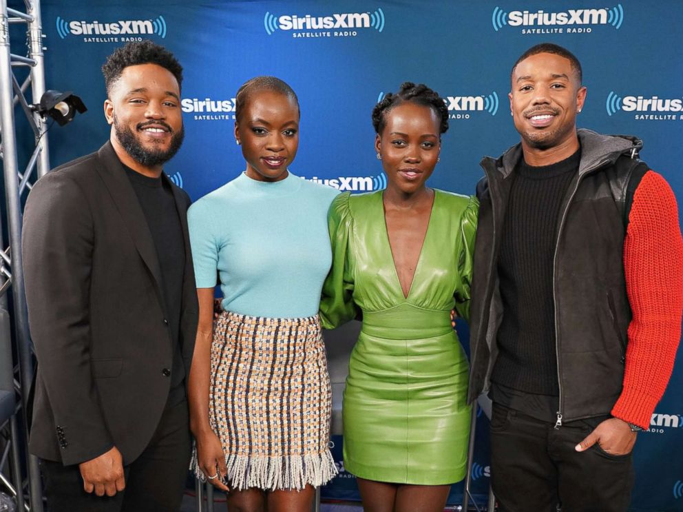 PHOTO: Director Ryan Coogler and actors Danai Gurira, Lupita Nyongo and Michael B. Jordan take part in SiriusXMs Town Hall with the cast of Black Panther hosted by SiriusXMs Sway Calloway, Feb. 13, 2018 in New York City.