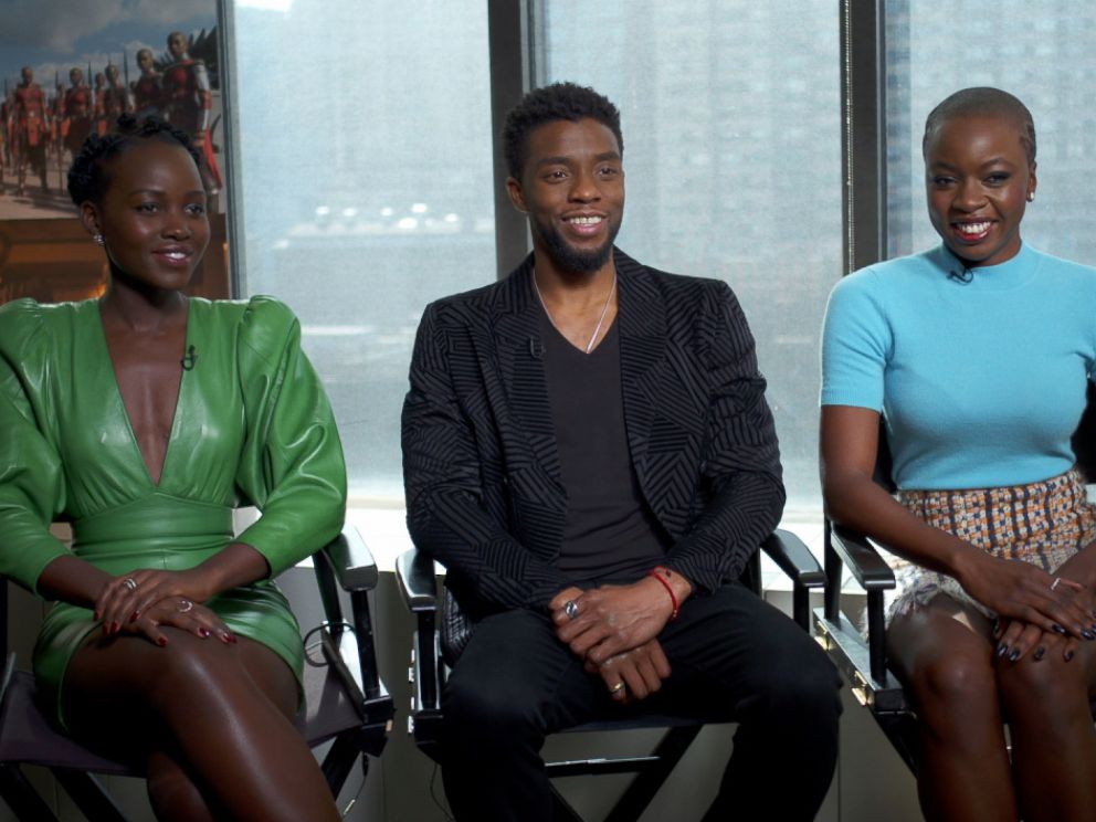 PHOTO: Stars Lupita Nyongo, Chadwick Boseman and Danai Gurira discuss the making of the film.